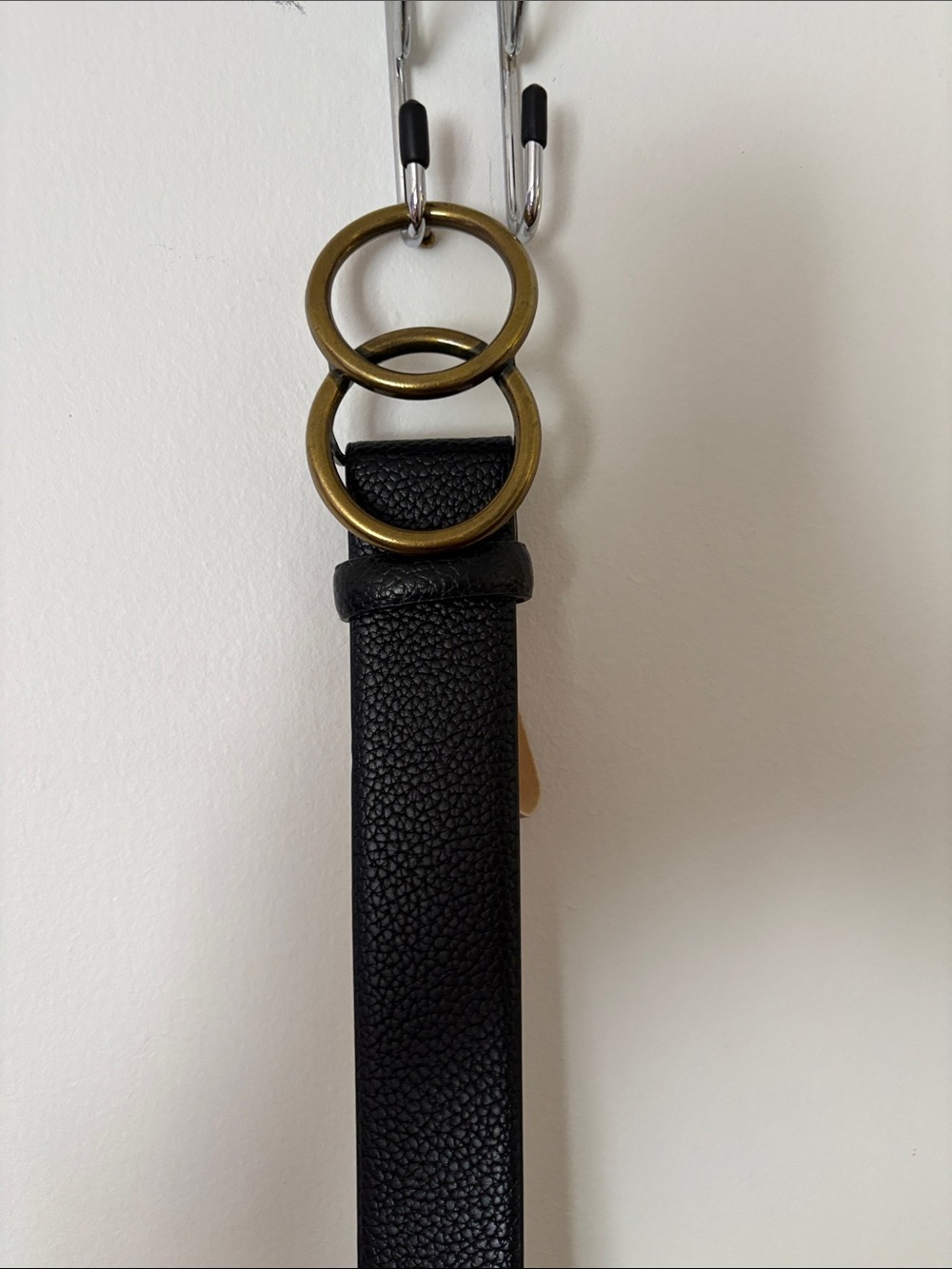 Black Pebbled Leather Belt with Antique Gold Double Rings
